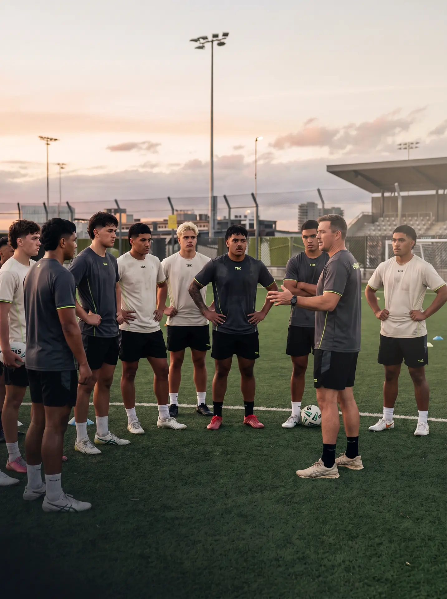 A coach speaking to a group of young rugby league players on a field at dusk.