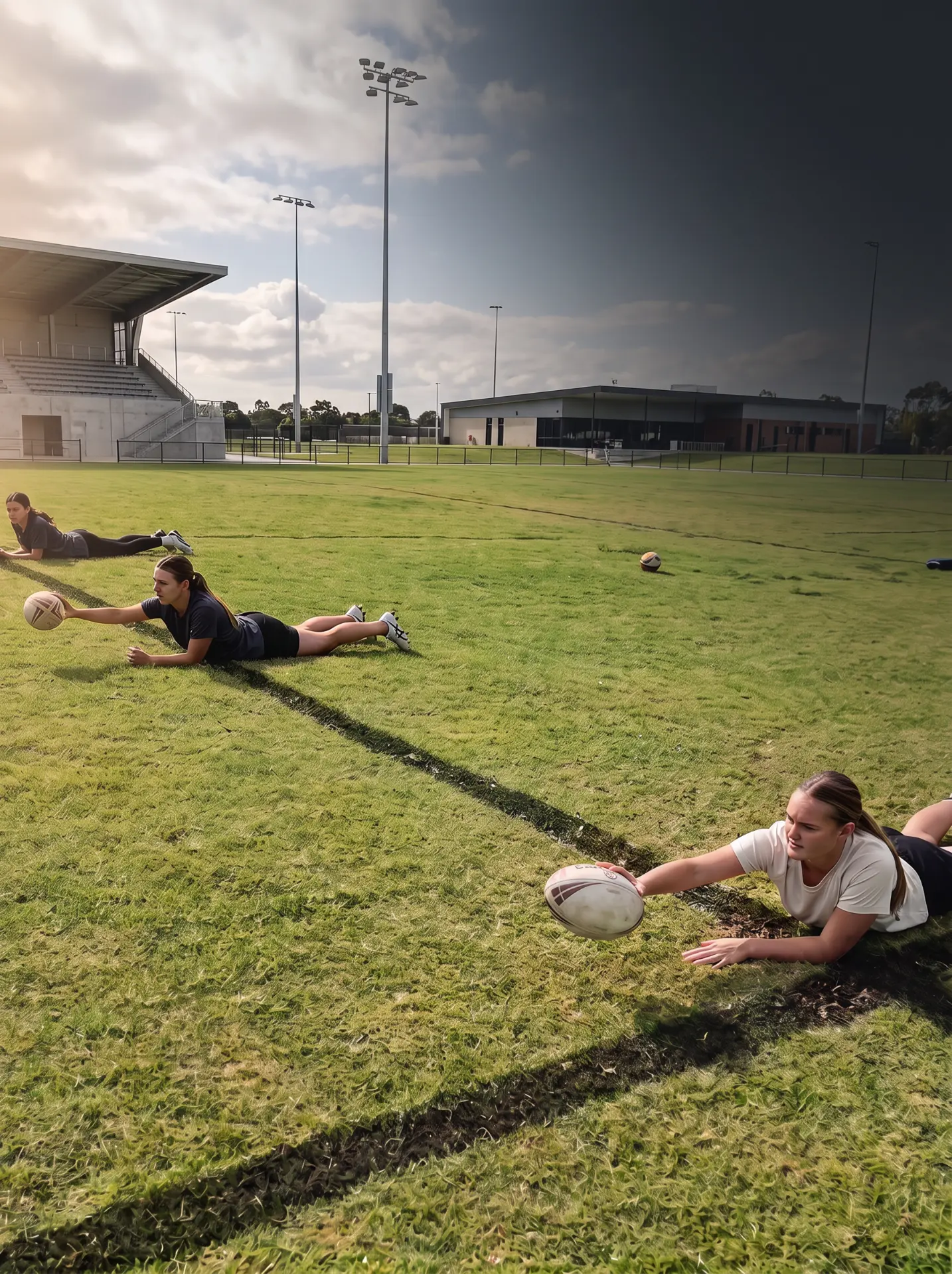 Female rugby league players practising ball placement on a community field.