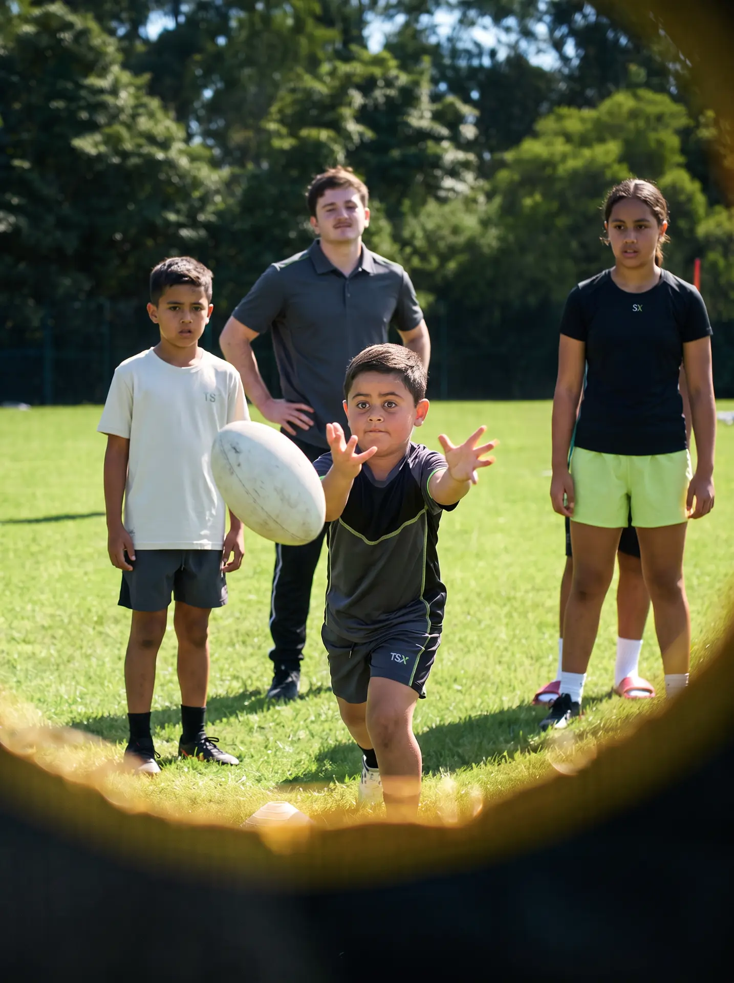 Junior players training on a suburban community rugby league field.