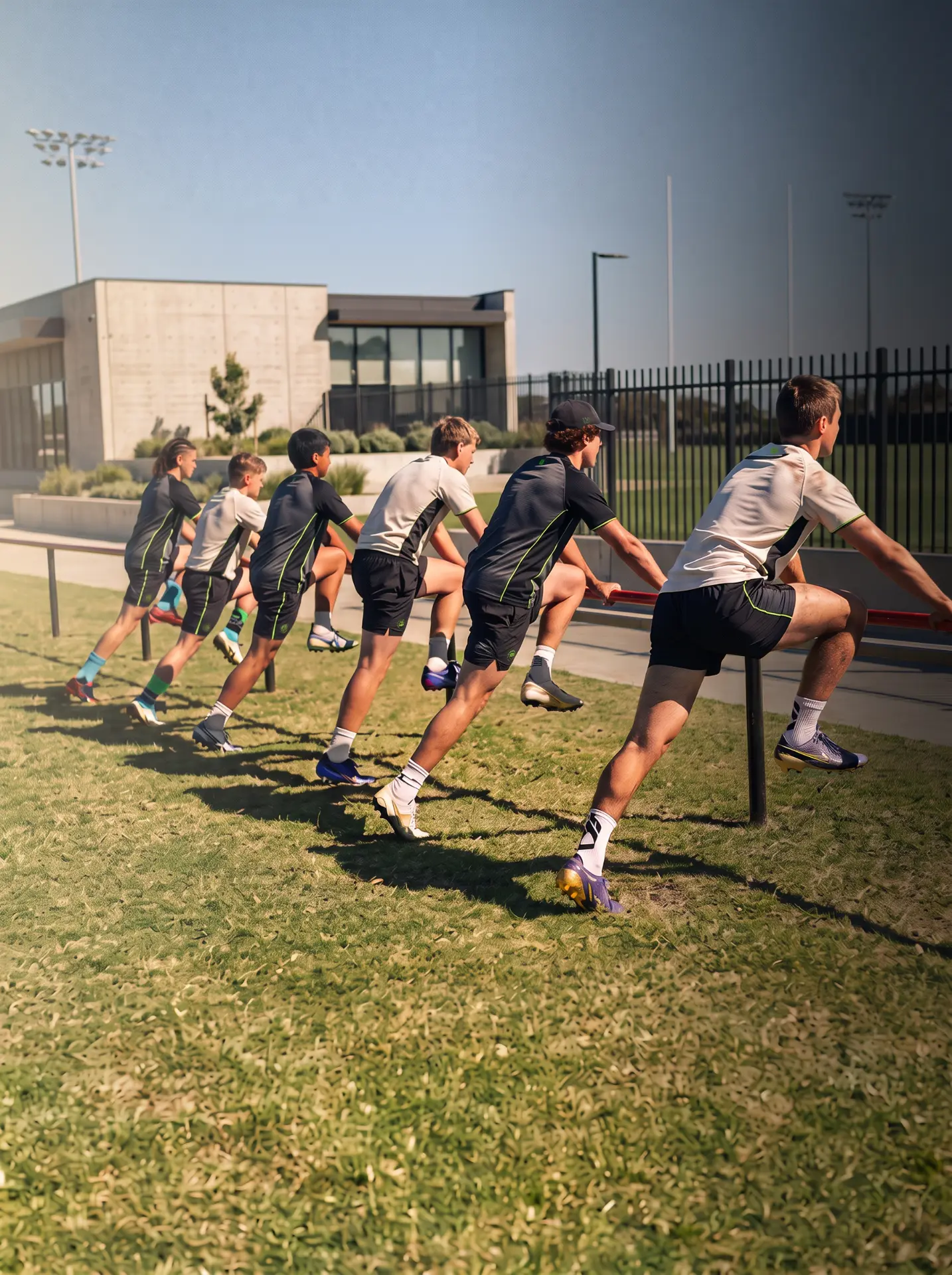 Young players working through a rail drill at a training ground.