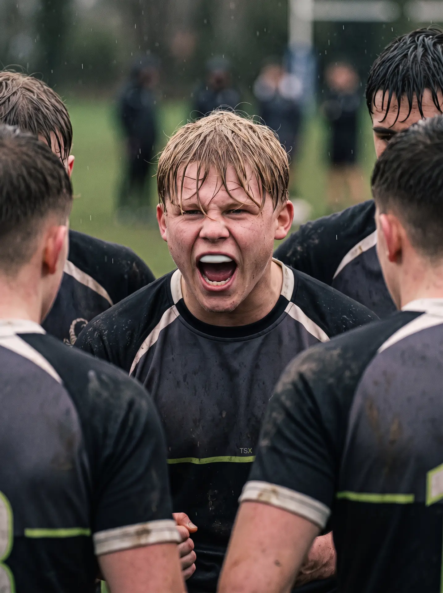 A junior rugby league team playing through heavy rain on a wet field.